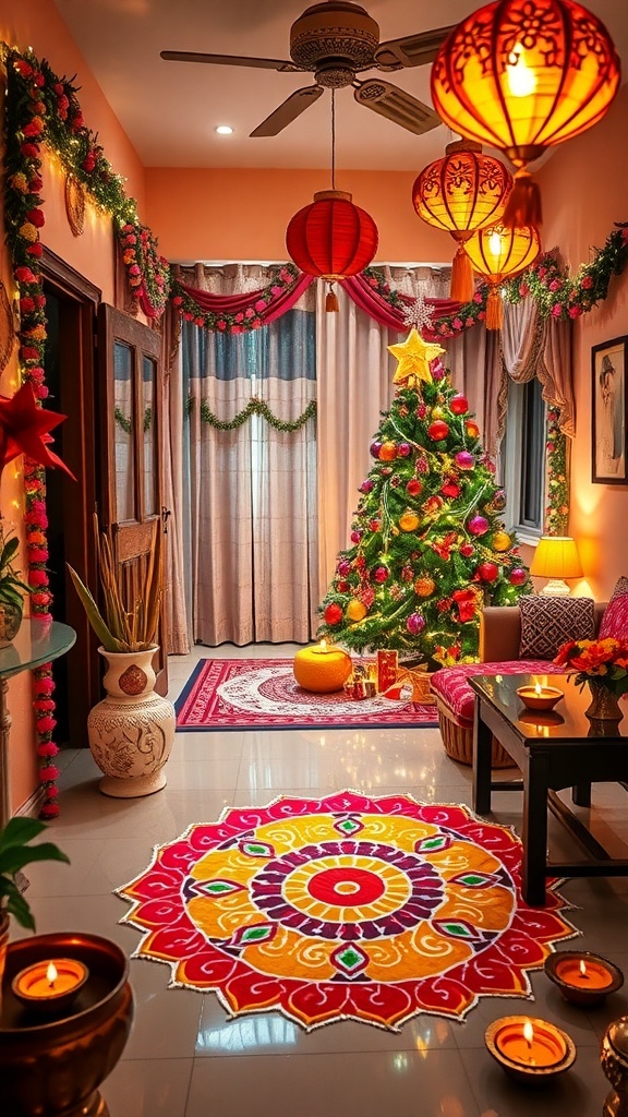 An Indian home decorated for Christmas with rangoli, a Christmas tree, diyas, and fairy lights.